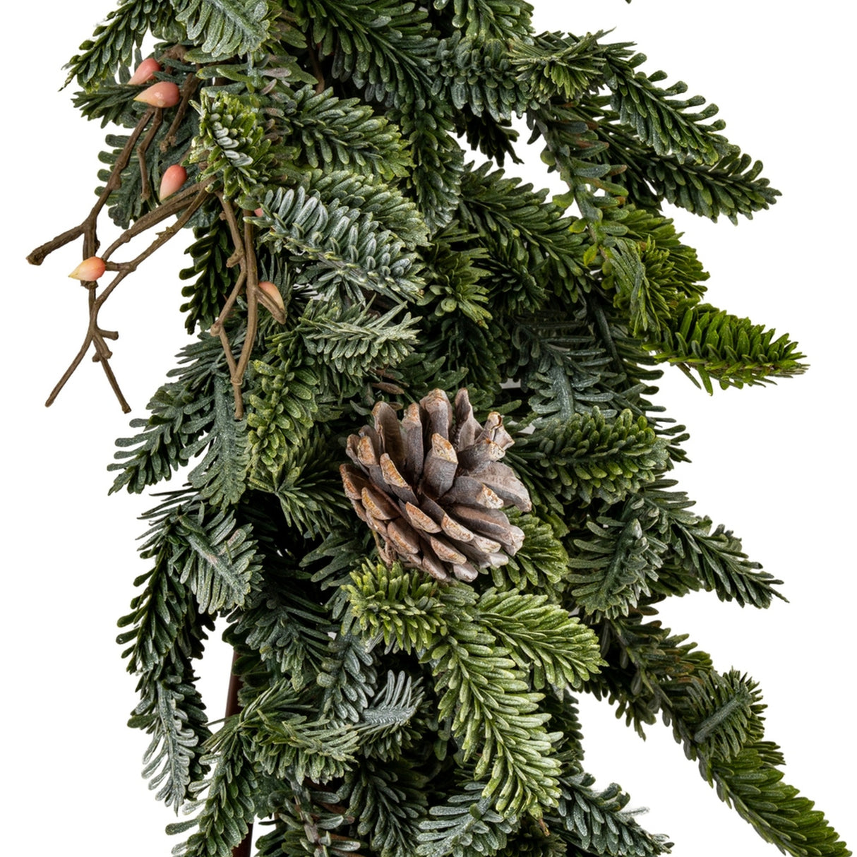 Close-up of Hill Interiors Woodland Pine Garland showing deep green moulded plastic pine sprigs, a small pinecone and slim twigs against a white background.