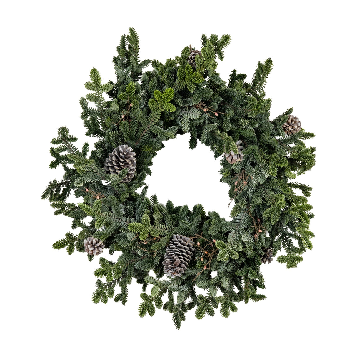 Hill Interiors Woodland Pine faux garland shaped into a ring of deep green needled sprigs with small pinecones tucked among the foliage, on a white background.