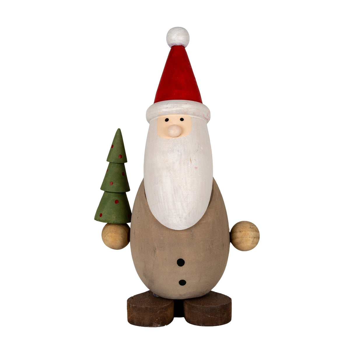 Hill Interiors Wooden Santa with Tree figurine in brown, with red hat, white beard and small green tree, shown against a plain white background.