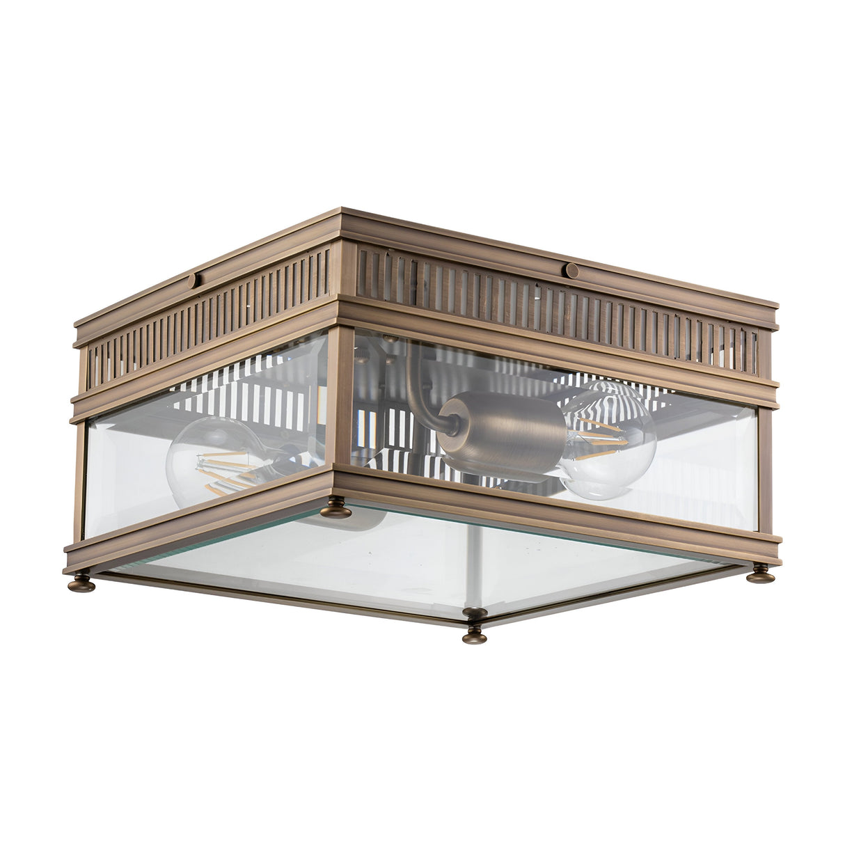 The Holborn 2 Light Outdoor Flush in dark bronze features a square design with antique bronze glass panels that house two exposed bulbs. Its metal frame is adorned with decorative ridges, offering a vintage touch that effortlessly combines modern design with classic outdoor lighting aesthetics.