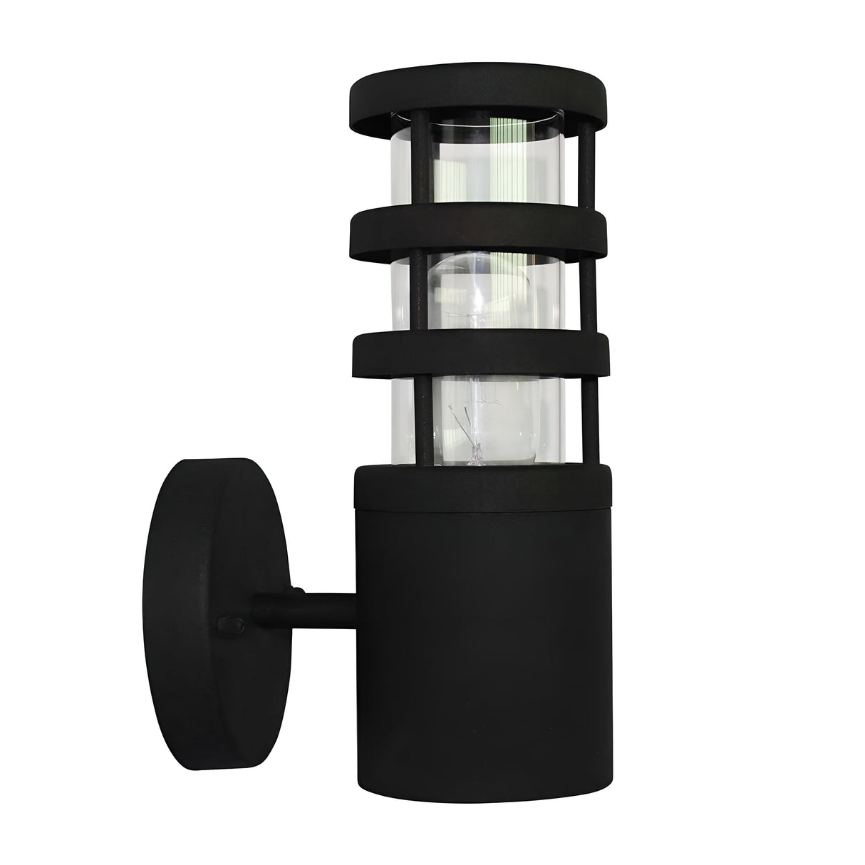 The Hornbaek 1 Light Outdoor Wall Light in black boasts modern exterior lighting with a cylindrical black metal frame and clear glass cover. Showcasing Scandinavian simplicity, its horizontal bands offer a stylish, contemporary look. Its design ensures lasting outdoor performance while enhancing any space.