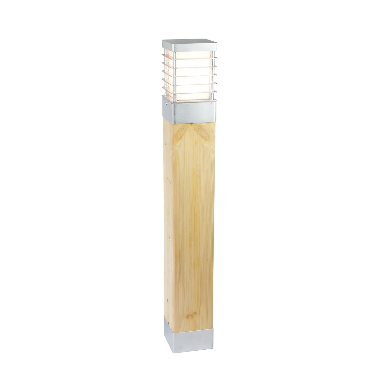 The Halmstad Large Bollard Natural Wood - Silver is an outdoor lamp post crafted from wood, featuring a square silver metal base and top. It boasts a square light fixture adorned with horizontal metal slats on the upper part, providing a soft glow that beautifully accentuates the natural wood design, making it perfect for enhancing your outdoor space.