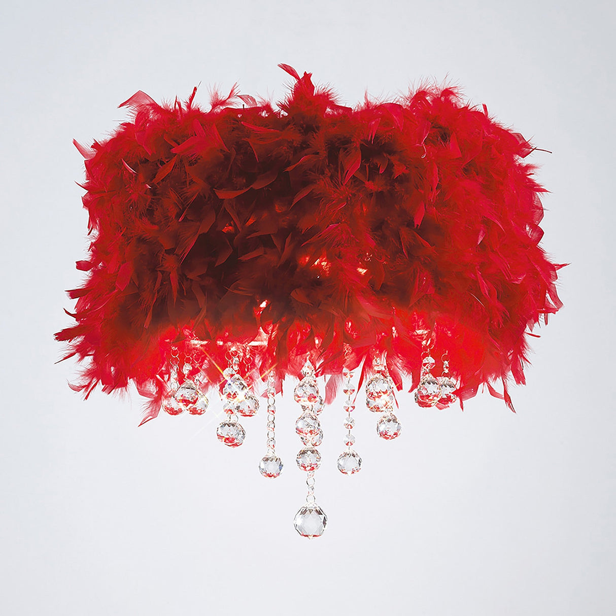 Ibis 3 Light Crystal Flush Ceiling Light - Polished Chrome With Red Feather Shade