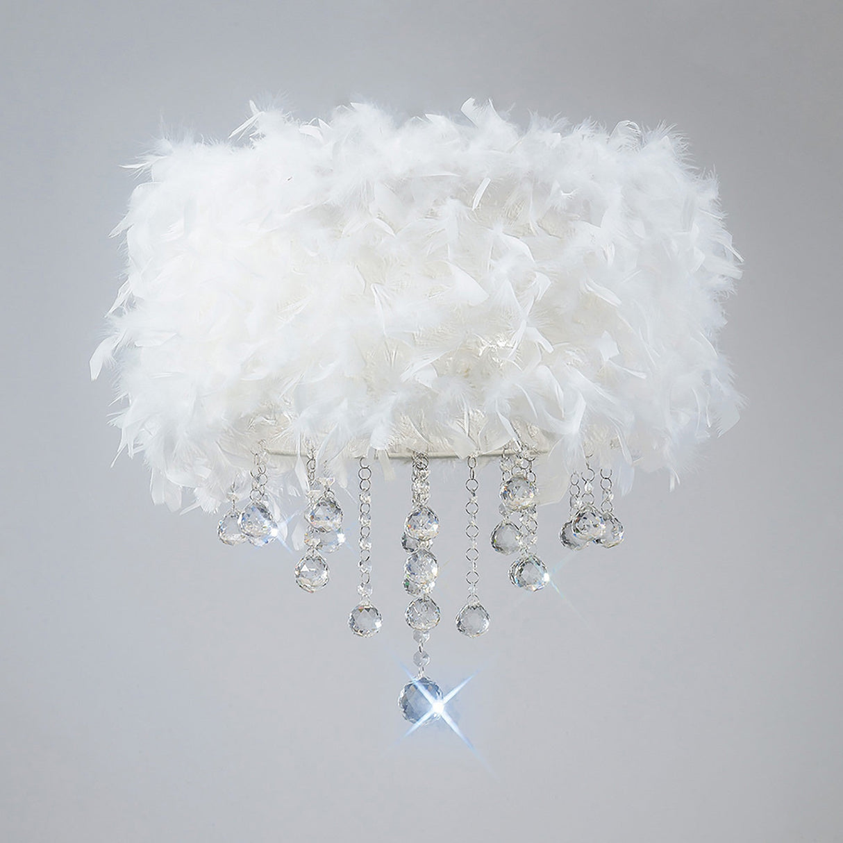 Ibis 3 Light Crystal Flush Ceiling Light - Polished Chrome With White Feather Shade