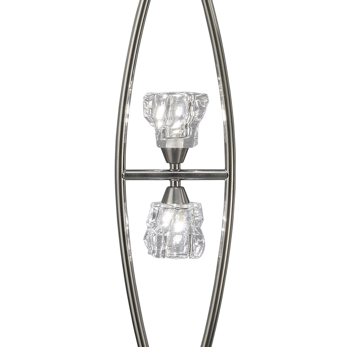 Close-up of the Iku 4 Light Floor Lamp in satin nickel, featuring two clear, textured glass shades on a sleek vertical metal frame.