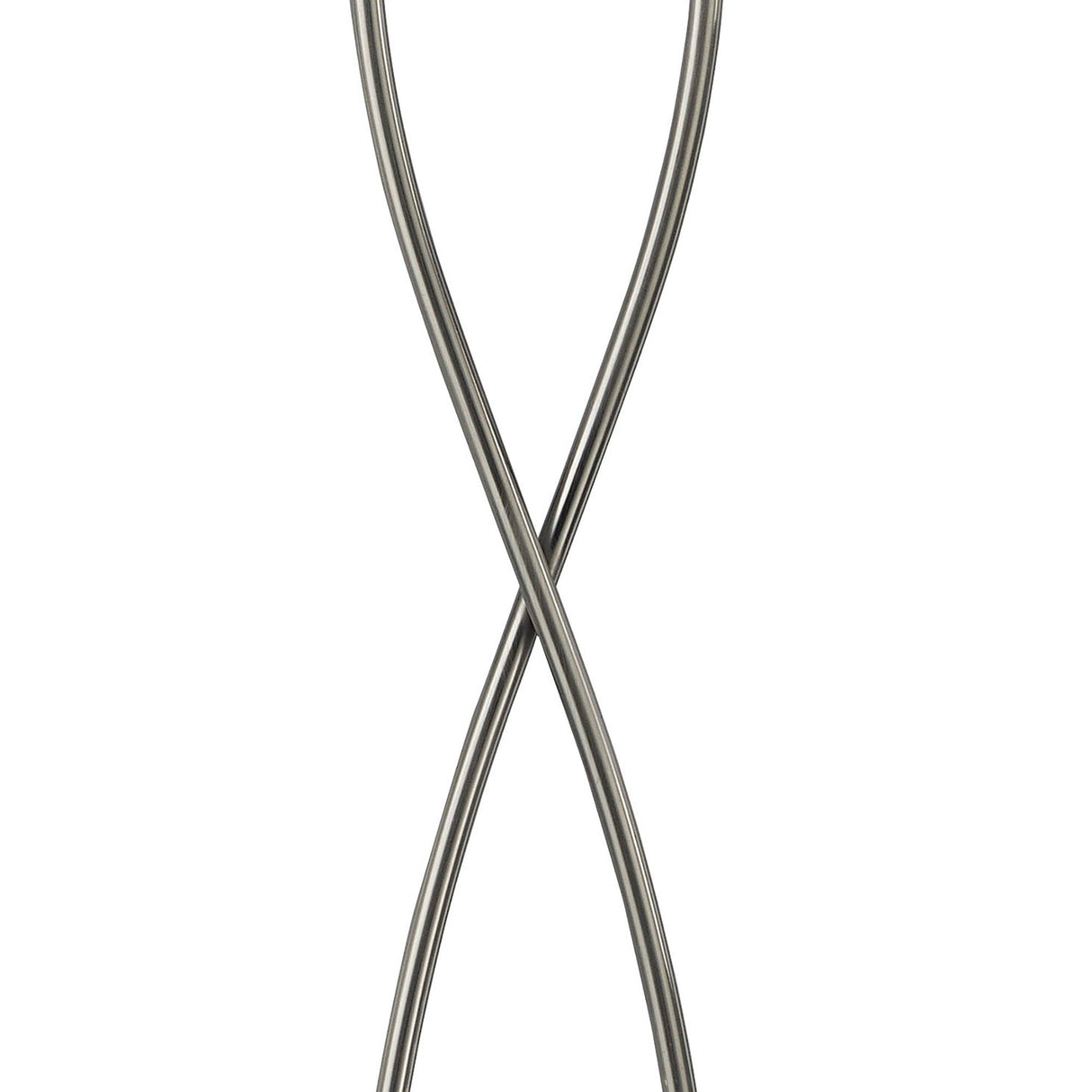 Two thin, silver rods twist in an X shape on a white background, evoking the sleek style of a modern lamp like the Iku 4 Light Floor Lamp - Satin Nickel.
