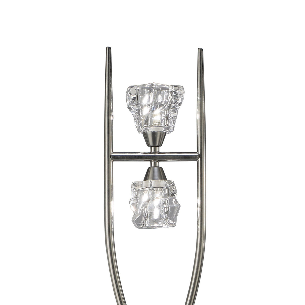 The Iku 4 Light Floor Lamp - Satin Nickel features a modern metallic frame with two vertically arranged clear, textured glass shades between parallel rods.