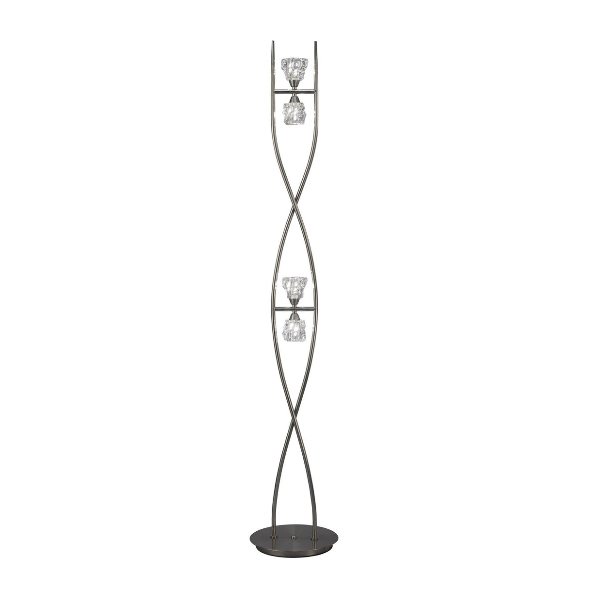 The Iku 4 Light Floor Lamp - Satin Nickel features a modern design with a satin nickel base and two curved metal rods, showcasing three vertically arranged glass light fixtures at varying heights.