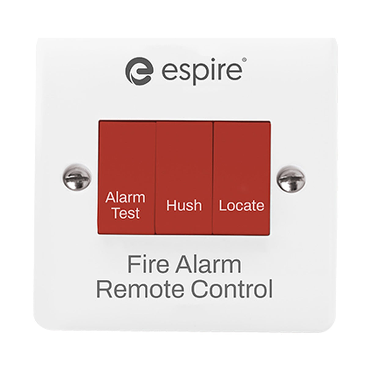 Espire Fire Alarm Remote Control switch in white with three red Alarm Test, Hush and Locate buttons on a square wall plate.