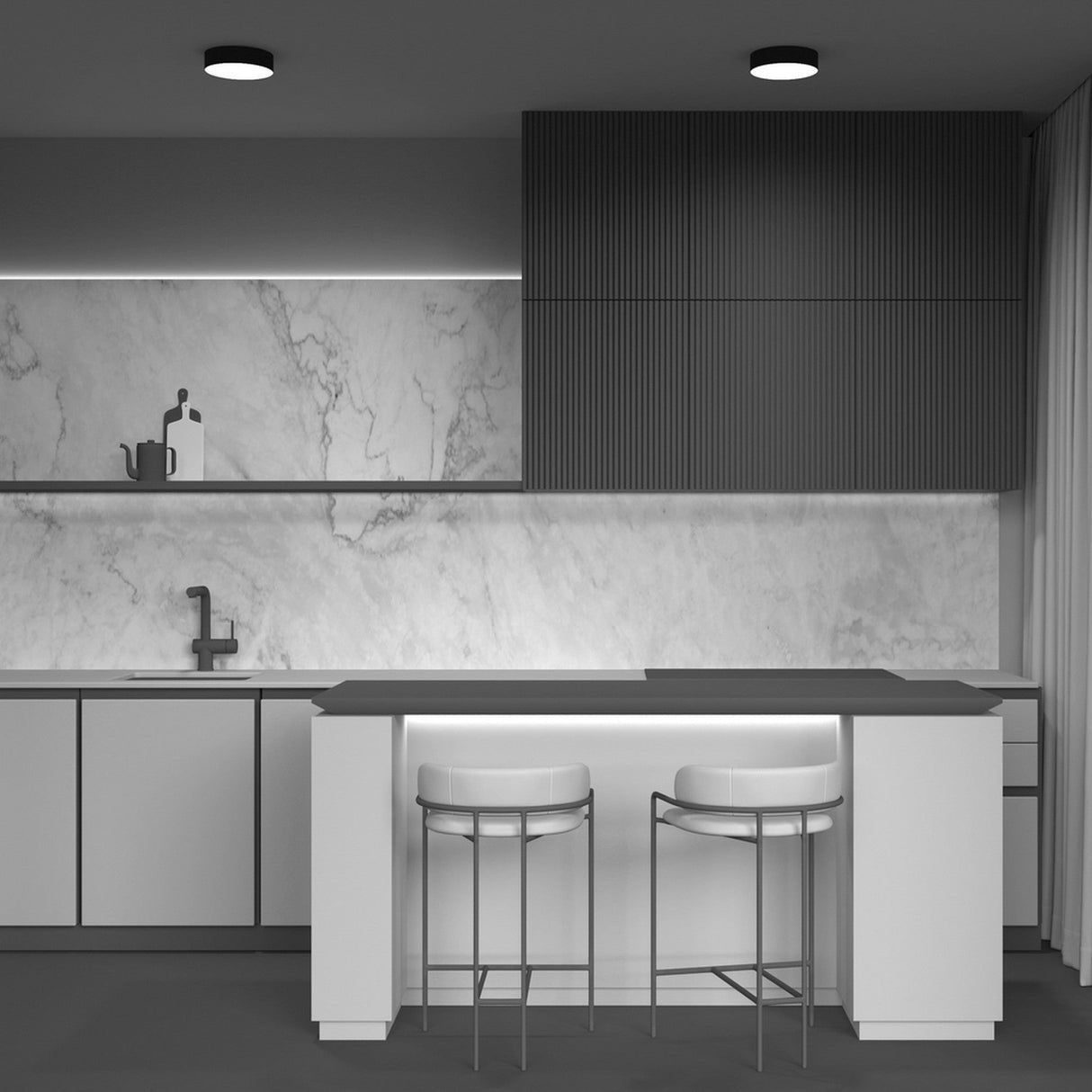 Zon flush ceiling light in black, crafted to suit modern interior aesthetics with compact elegance.