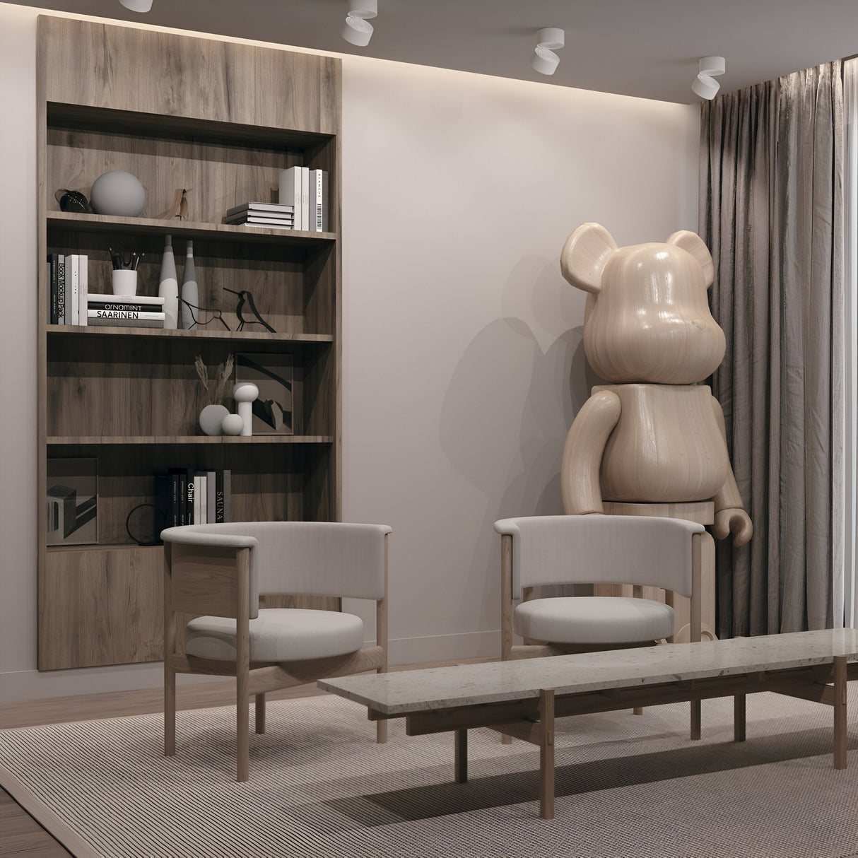 A modern room features a large wooden bear sculpture, two beige chairs, and a low coffee table. A tall wooden bookshelf displays decorative items under the Yin LED Dimmable Single Spotlight 15W 4000K - White. Neutral tones and dimmable CRI 90 lighting create a calm atmosphere.