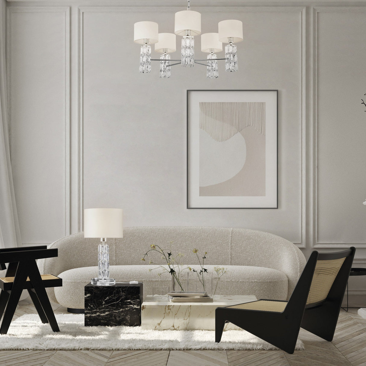 Interior view of Talento 5 light chandelier in chrome, ideal for adding elegance to living spaces.