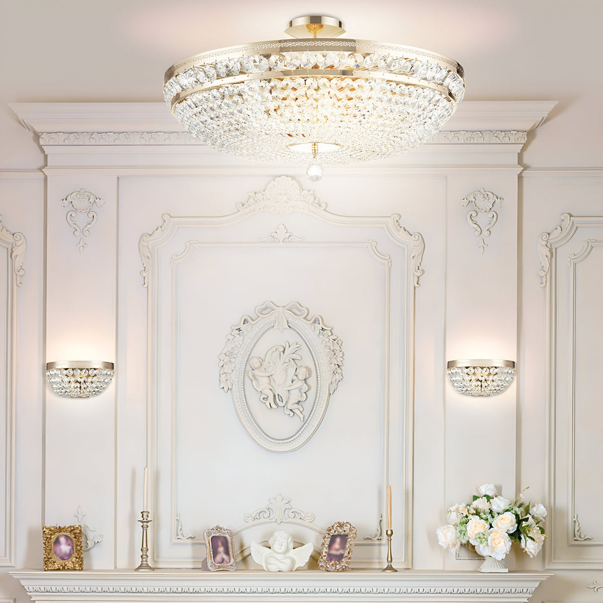 Elegant living room with the Ottilia 12 Light Chandelier in gold. The walls have ornate white molding and a decorative crest. Two wall sconces provide soft light, while a floral bouquet and framed photos adorn the mantel below.