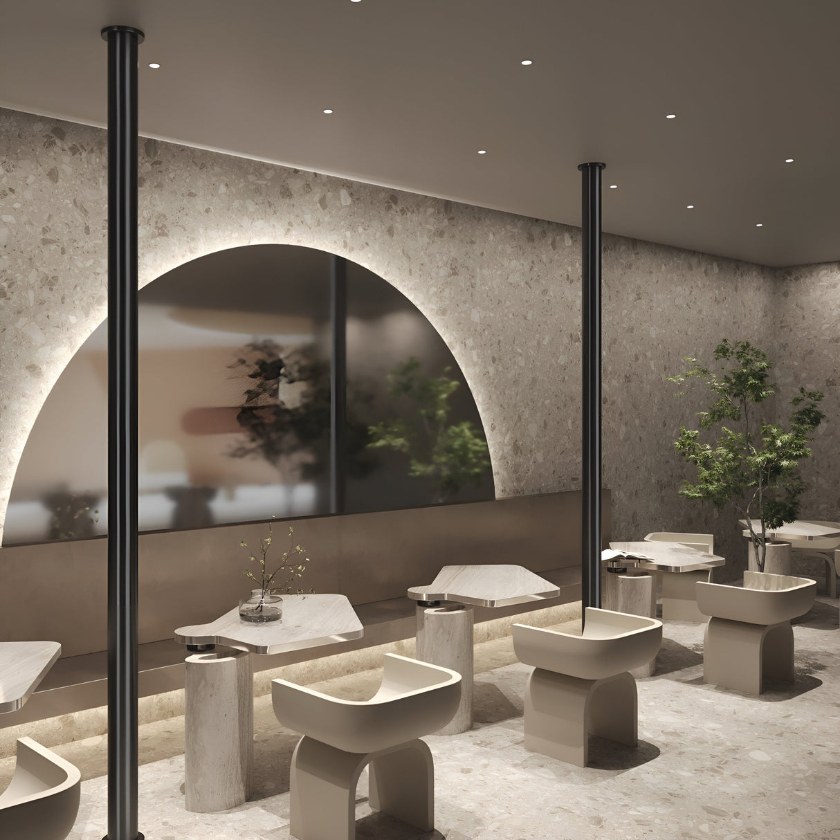 The modern cafe interior features unique geometric tables and chairs, enhanced by ambient lighting from Wise LED Round Recessed Downlight 7W 3000K - White, which highlights potted plants and a reflective curved wall art piece.
