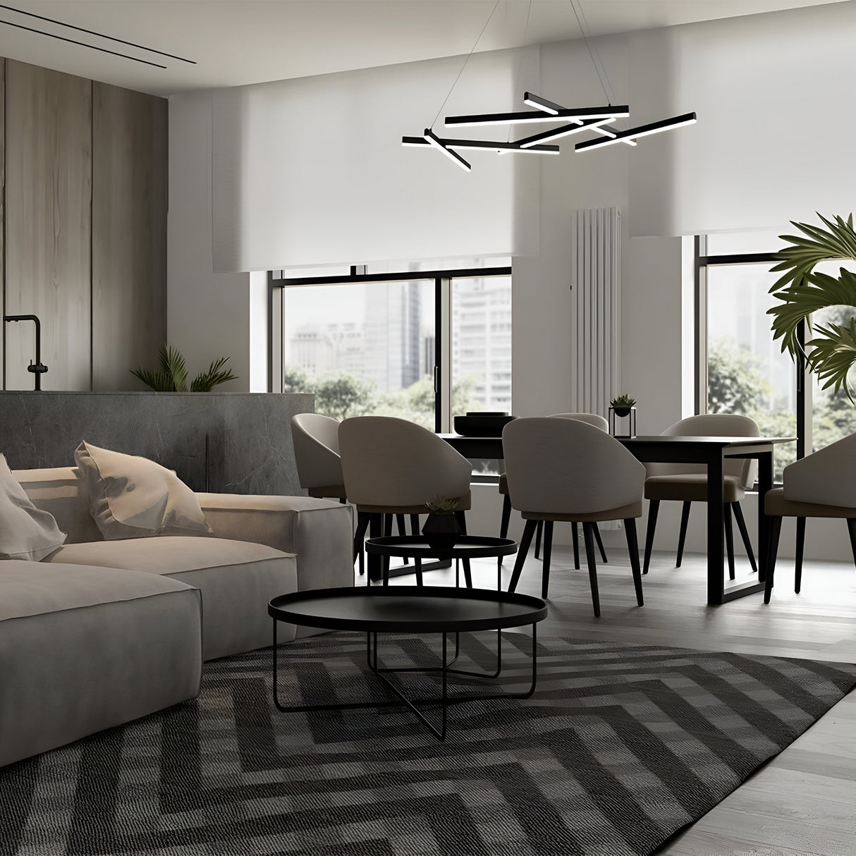 Interior view of Line LED Suspension Light in black, showcasing its modern appeal in a minimalist setting