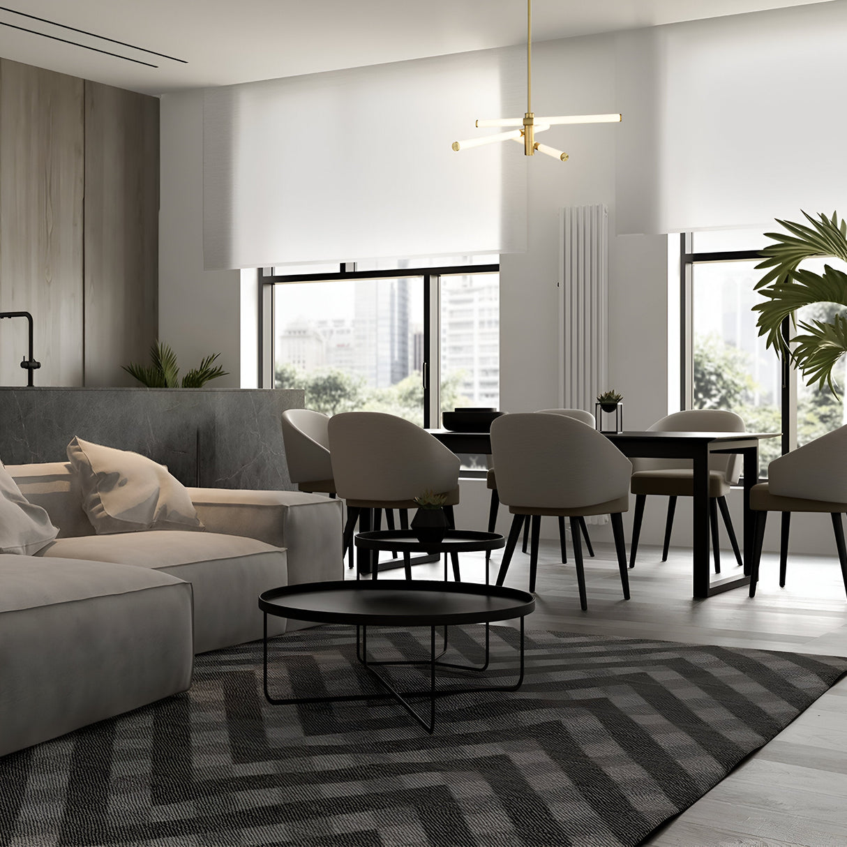 Interior view of Axis LED Chandelier in Gold, enhancing the space with its stylish and contemporary aesthetic.