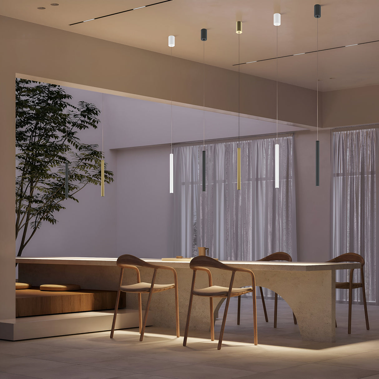 A modern dining area features a large stone table with three wooden chairs, epitomizing modern minimalism. The Pro Base LED Thin Pendant Light in black emits a soft glow from the ceiling. Large windows with sheer curtains and a potted tree enhance the serene atmosphere.