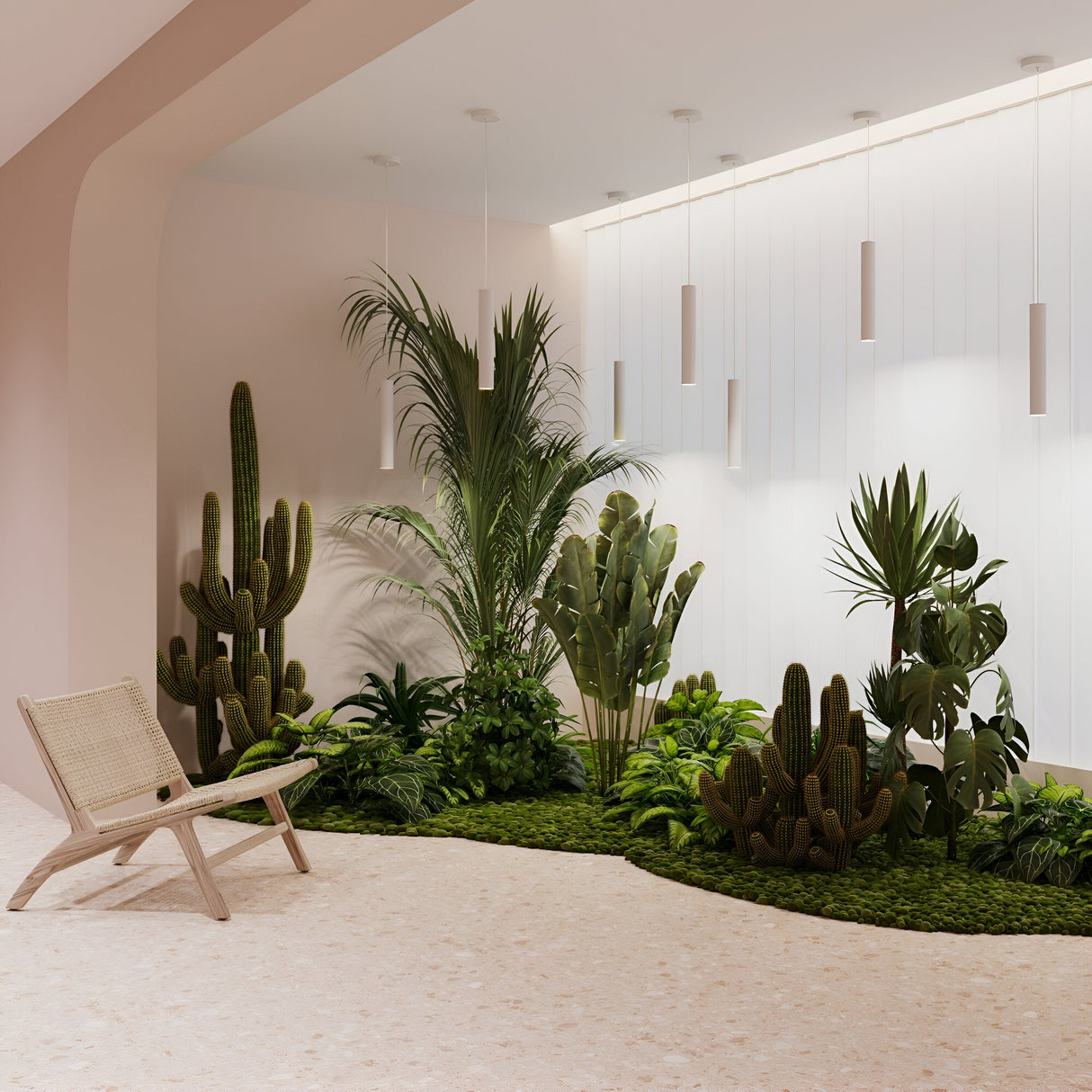 A modern indoor space with tropical plants, such as cacti and palms, is set against a light wall. A minimalist wooden chair is on the left. The Pro Focus Thin Pendant Light in white enhances the clean, tranquil atmosphere, capturing minimalist design.