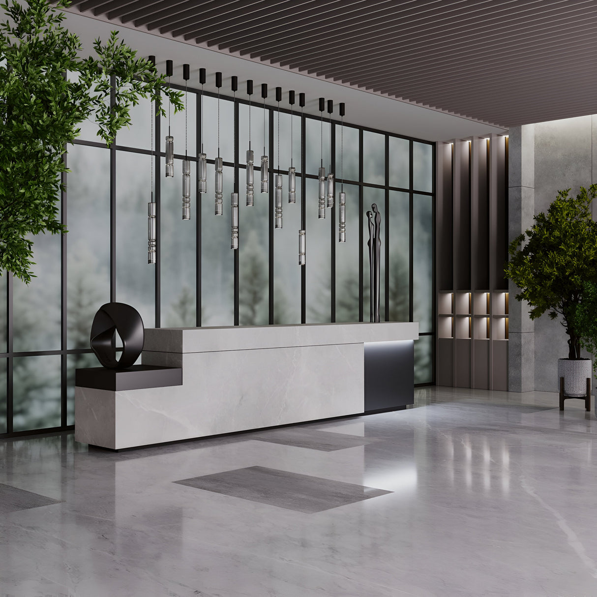 A modern lobby with minimalist design features a marble reception desk, geometric sculpture, and Ordo LED Short Pendant Lights with smoky cylindrical glass. Large smoky glass windows frame the space adorned with indoor plants, while a polished stone floor leads to sculptural wall decor.