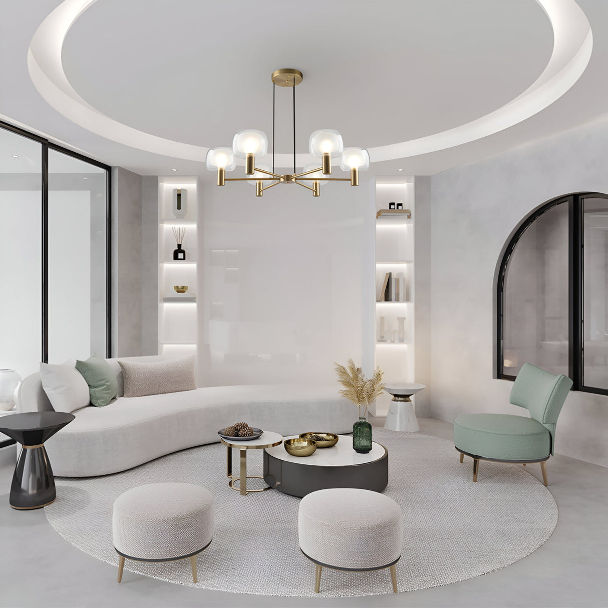 Interior view of Vision 6 Light Chandelier, gold, showcasing an opulent and warm ambiance