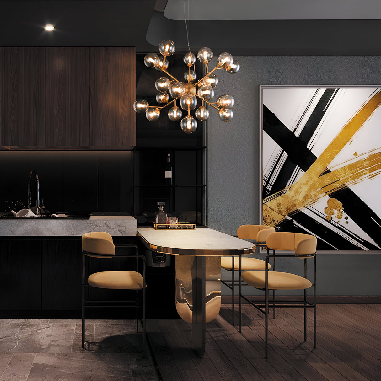 A modern dining area with a marble table and three beige chairs is illuminated by the Dallas 24 Light Chandelier in gold with amber glass, casting a warm glow. Dark cabinets complement large abstract art featuring black and gold brushstrokes in the background.