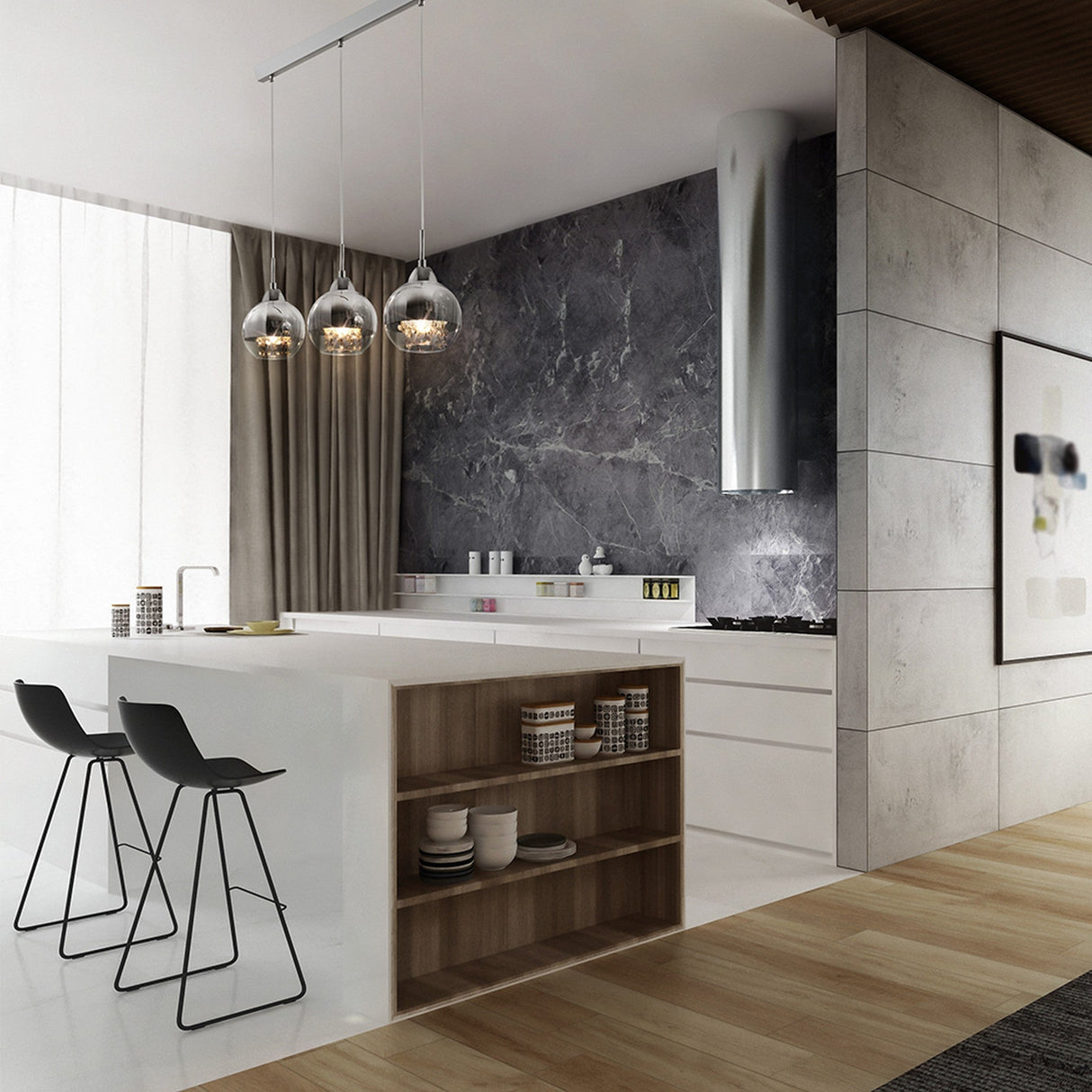 Iceberg 3 Light Bar Pendant in nickel, displayed in a contemporary interior, highlighting its sophisticated style