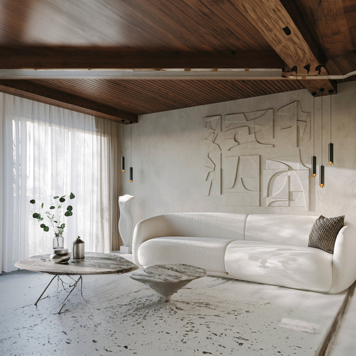 Interior view of Lipari Short Round Pendant Light in black with gold, demonstrating its sleek design in a modern setting