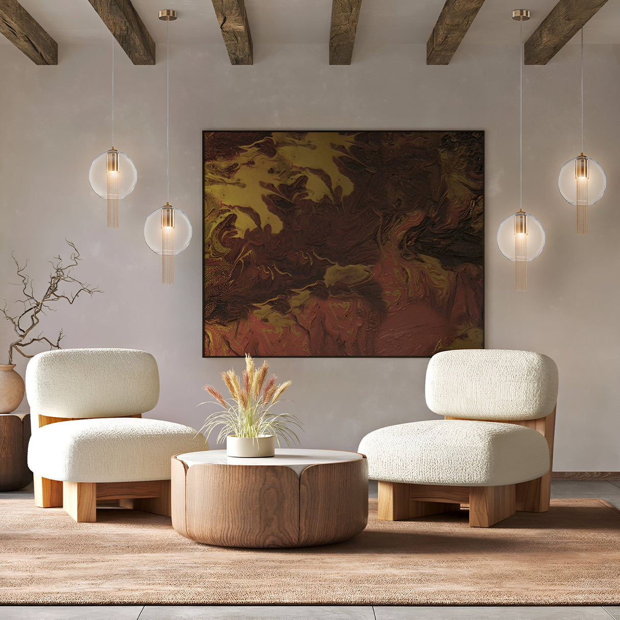 A stylish living room showcasing two cream-upholstered chairs and a wooden coffee table with a plant. Earthy abstract art adorns the wall, while an ambient glow from four Flusso Small Chain Pendant Lights - Bronze With Clear Glass Ball accents the ceilings exposed wooden beams.