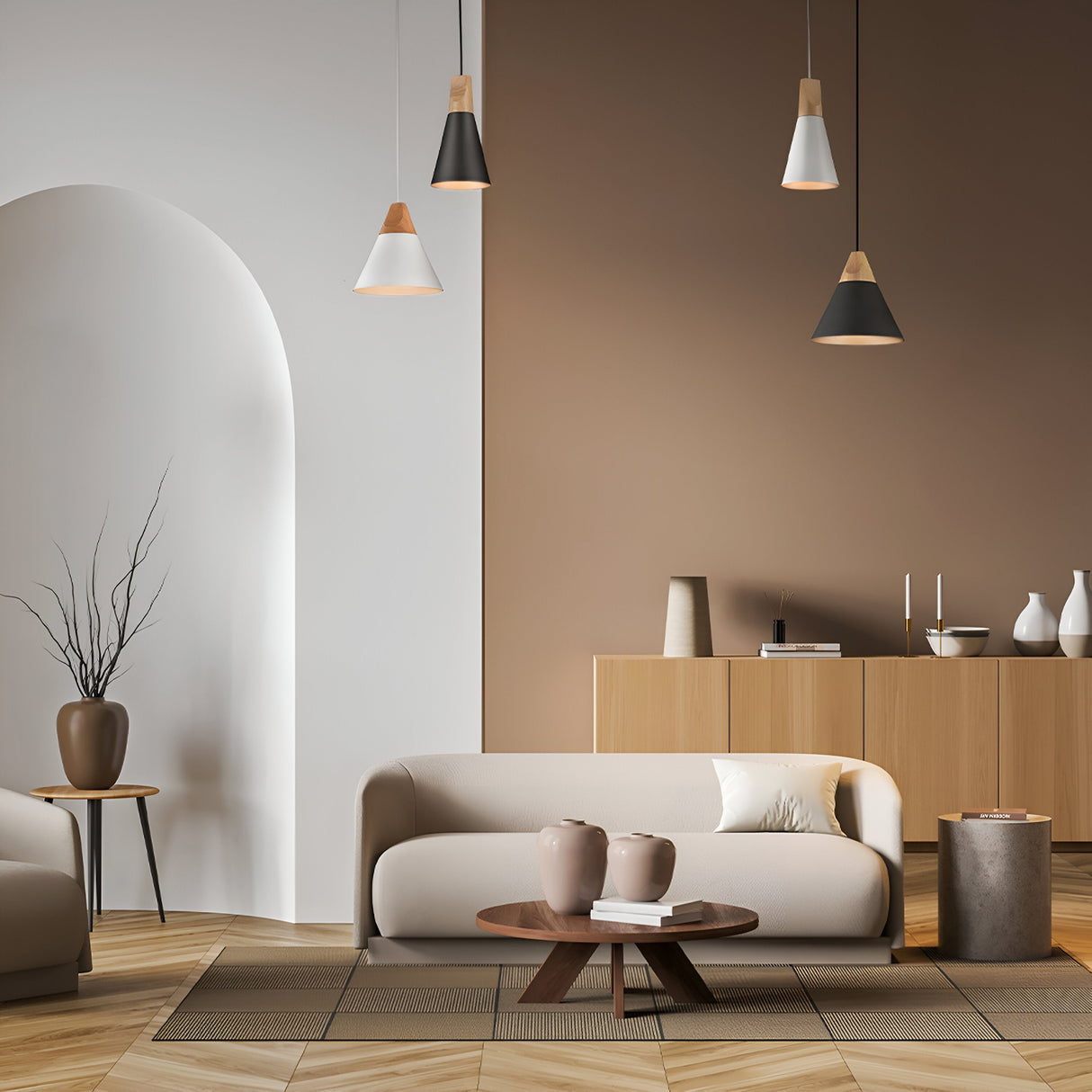 A minimalist living room showcases a beige sofa and wooden coffee table, accented by decorative vases. Its illuminated by 14cm Bicones Pendant Lights in grey with wood detail. A wooden sideboard against the brown wall holds decor pieces, while an archway graces the left with industrial charm.