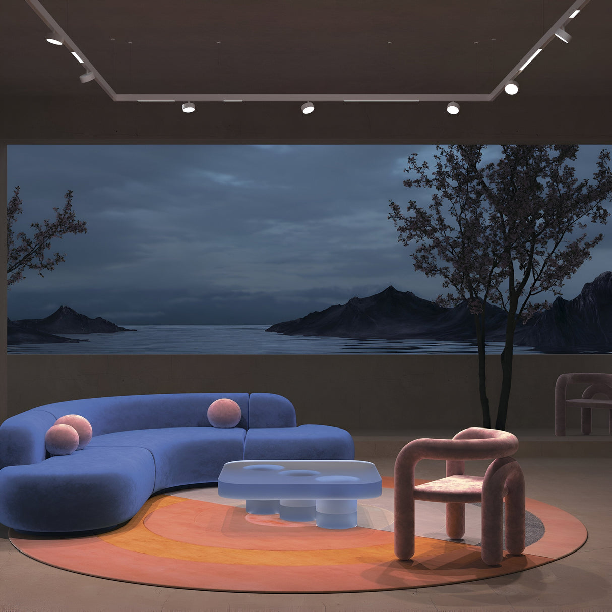 A modern living room showcases a curved blue sofa, pink cushion, uniquely shaped armchair, and versatile lighting. The pale blue coffee table harmonizes with serene mountain and water art highlighted by the Rado LED Magnetic Exility Track Spotlight 18W 4000K - White.