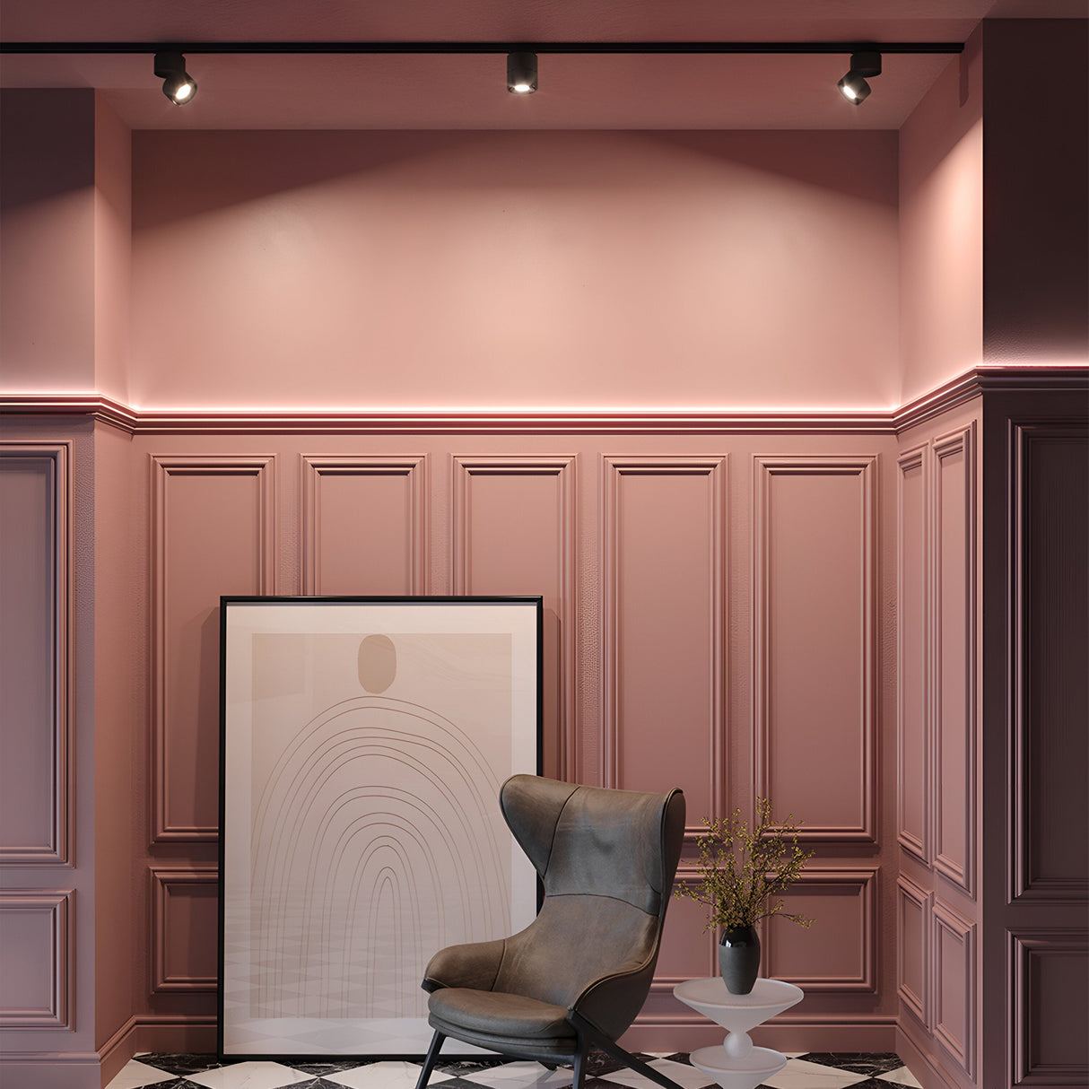 With pink paneled walls and Yin LED Single Phase Unity Track Spotlights (15W, 3000K, Black) subtly illuminating the space, a large abstract art piece lies near a modern gray swivel armchair. A small round table holds a branch-filled vase atop black and white checkered tiles.
