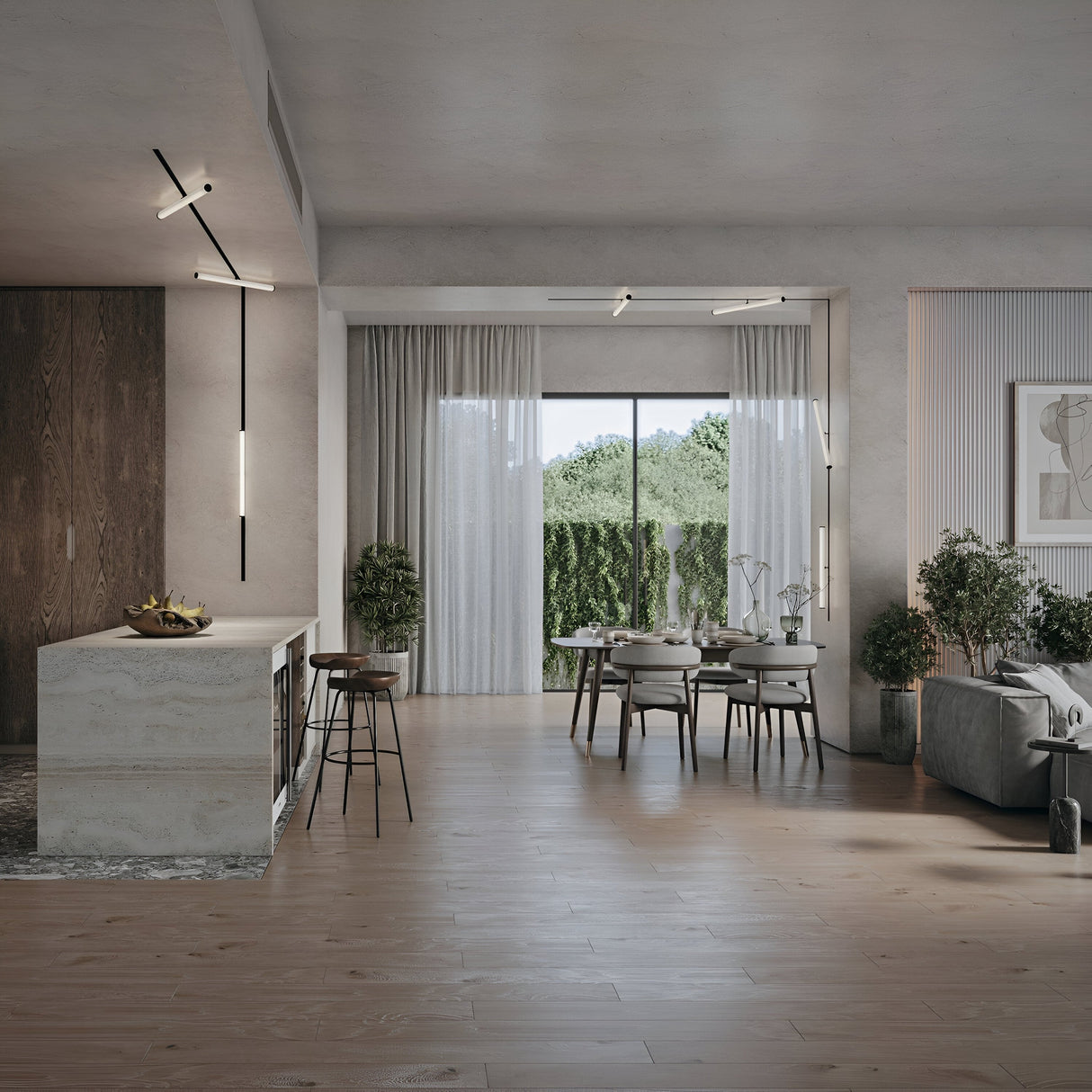 Experience a modern open-plan living area with minimalist design, featuring a kitchen with marble island and barstools, dining table with chairs, and cozy living space. Large sliding doors offer garden views, while the Larc LED Rotating Linear Track Light elegantly illuminates from the ceiling.