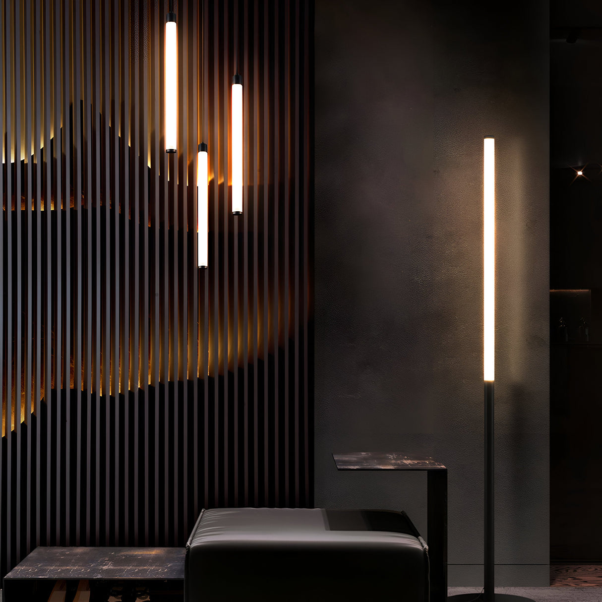 A modern room with vertical wooden slats on the wall displays five energy-efficient light fixtures. In the foreground, a black cushioned bench and the Ray LED Floor Lamp - Black, offering a soft glow, stand against a dark wall.