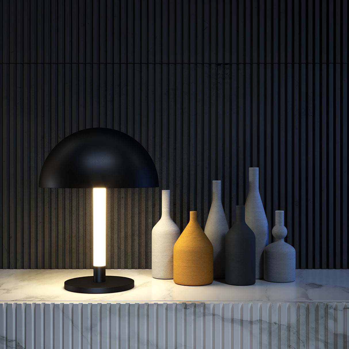 Ray LED table lamp in black, displayed in a room setting, emphasizing its contemporary and minimal design.