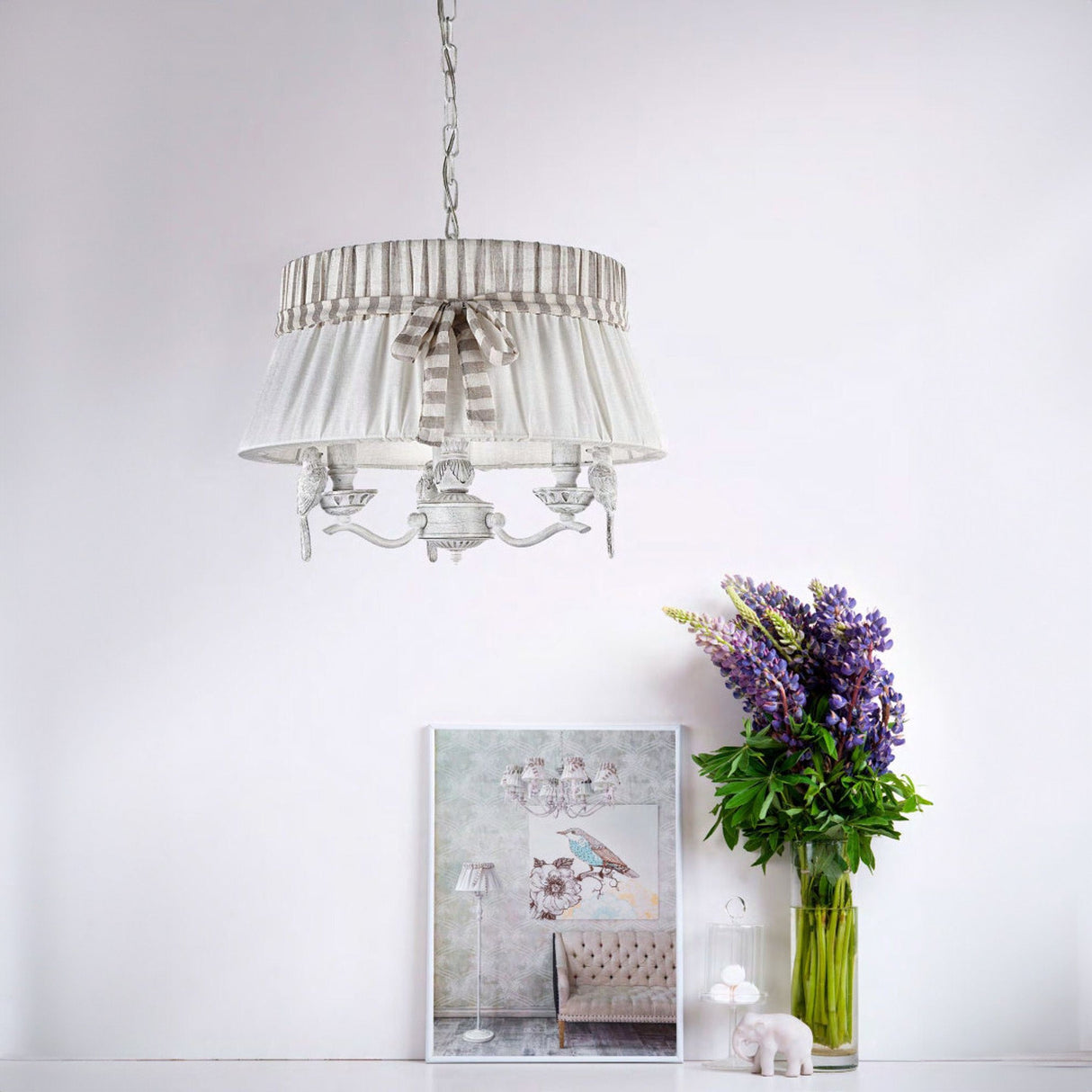 Interior view of Bird 3 Light Chandelier in White with Drum Shade, presenting a classic and cozy ambiance.