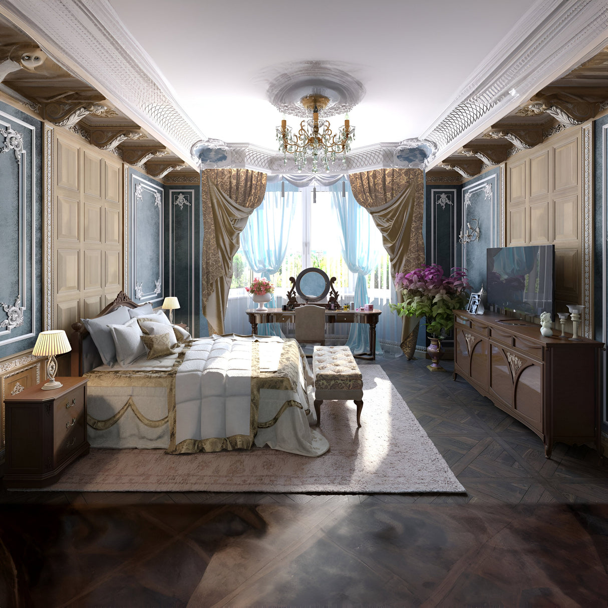 Elegant bedroom with ornate blue and gold decor, featuring a large bed with luxurious bedding, a Sevilla 6 Light Chandelier - Gold adorned with decorative crystals, a dresser with mirror, and curtained windows letting in natural light. A plush rug and decorative plants complete the sophisticated look.