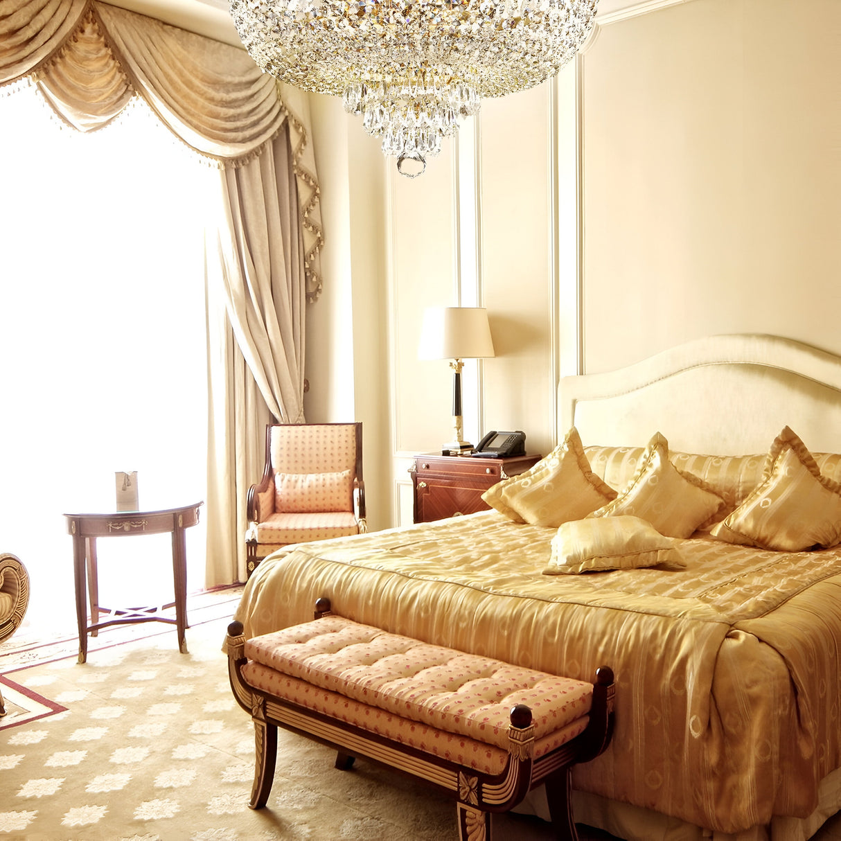 A luxurious bedroom includes a large bed with gold satin bedding and pillows. The Palace 6 Light Crystal Chandelier - Gold impressively hangs above. An upholstered bench rests at the foot of the bed, complemented by a chair paired with a small round table by the window.