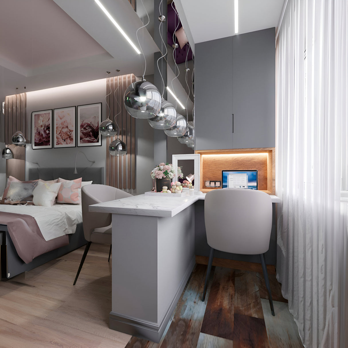 A cozy bedroom with a modern touch includes a bed, Fermi Large Dome Pendant Light in nickel and clear glass, wall art, and a small desk with a chair. The desk features decorations and an open laptop. Sheer curtains filter natural light into the neutral and soft-colored space.