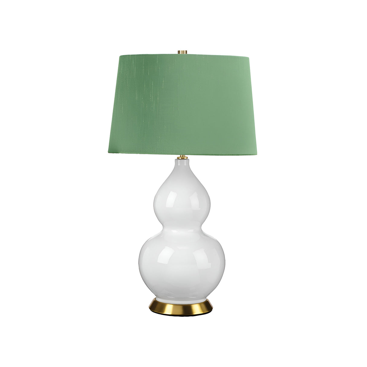 The Isla 1 Light Table Light - White/Green features a double gourd-shaped base in white ceramic, paired with a brass-colored round stand. It is beautifully enhanced by a green fabric lampshade, making it an ideal choice for adding style and sophistication to any room.