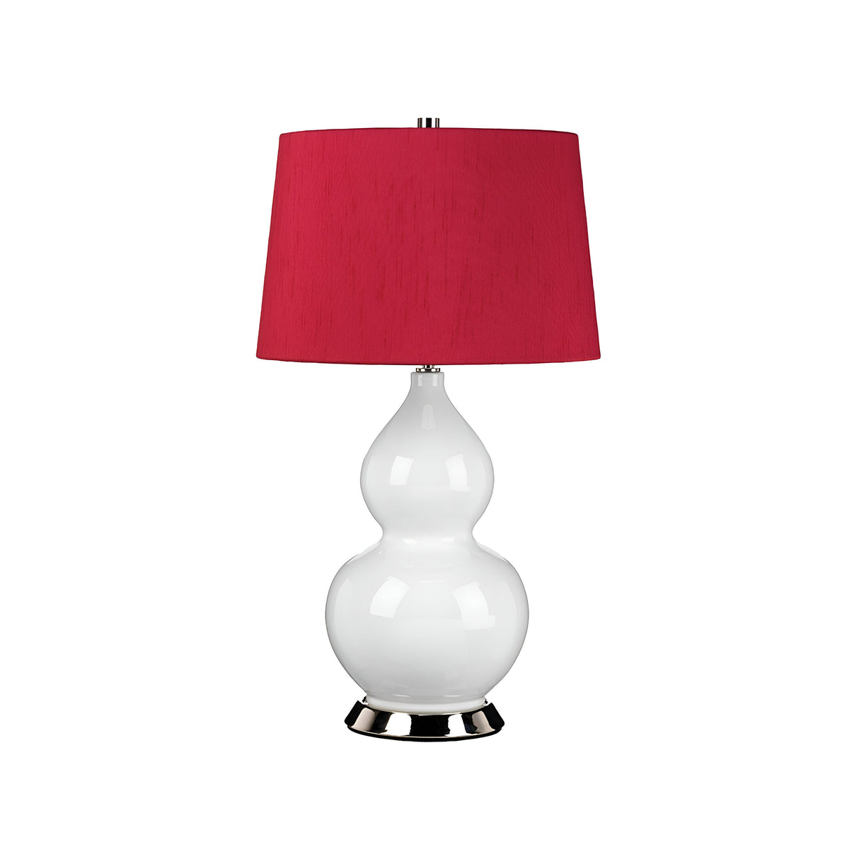 Introducing the Isla 1 Light Table Light, showcasing a sleek double-gourd design with a glossy white ceramic base. It features a vibrant red fabric shade and sits elegantly on a round chrome base, all set against a simple white backdrop.