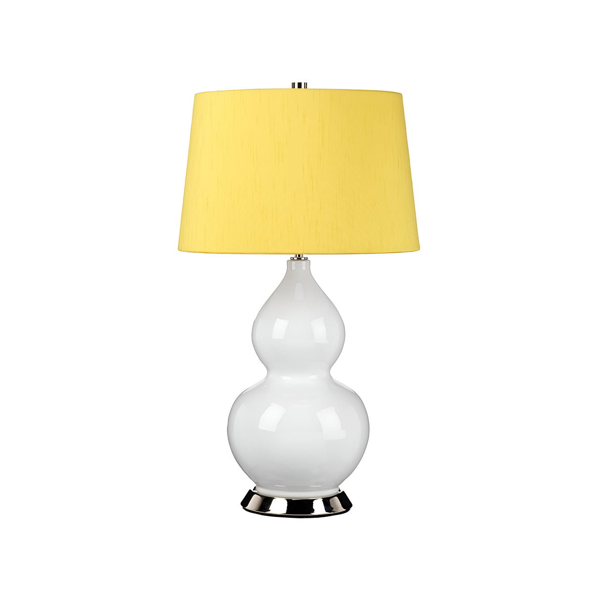 Introducing the Isla 1 Light Table Light in White/Yellow, featuring a contemporary design with a glossy white ceramic base and a vibrant yellow cylindrical shade. The sleek and shiny base is complemented by a small circular silver stand, creating an elegant yet understated look.