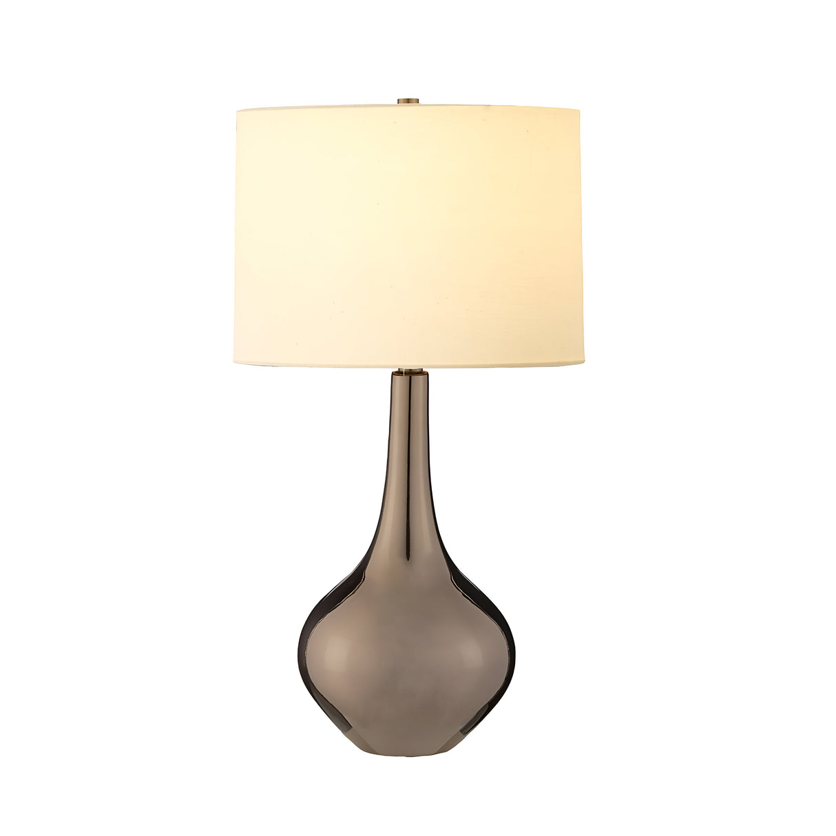 The Job 1 Light Table Lamp boasts a sleek modern design with a curved bronze metallic base and a simple cream faux silk shade.