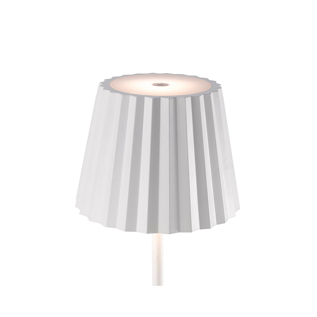 The K2 LED Battery Operated Outdoor Floor Lamp 2.2W 3000K in white features a cordless design, pleated conical shade, and soft glow—ideal for portable outdoor lighting. Shown here against a plain white background.