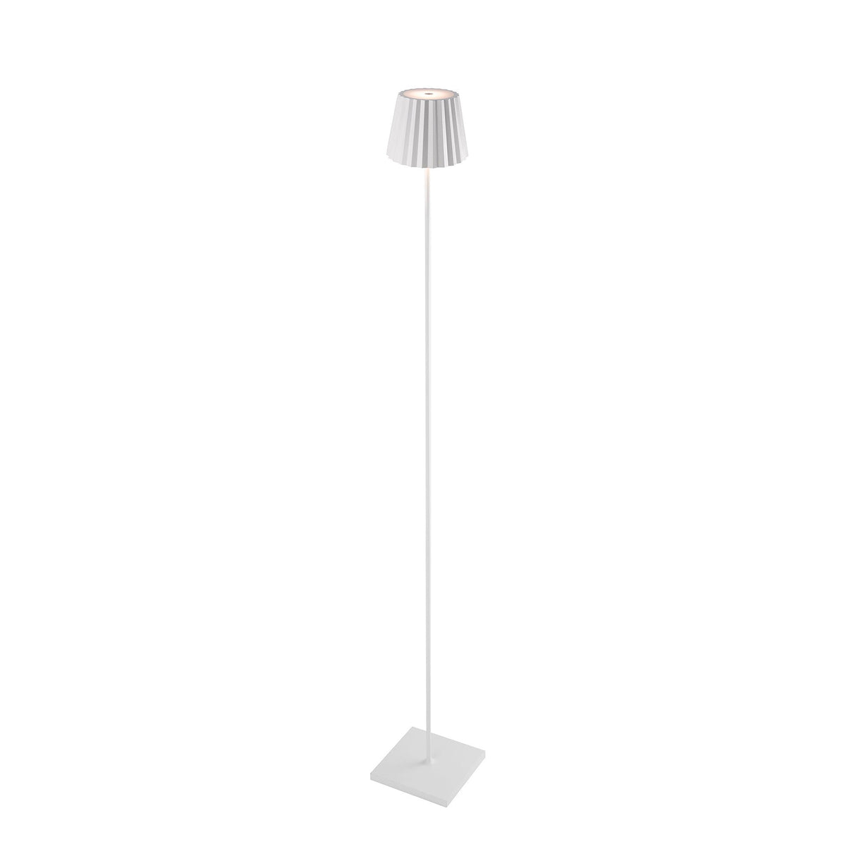 The K2 LED Battery Outdoor Floor Lamp 2.2W 3000K in white features a tall, slim design with a pleated lampshade and square base—perfect for portable lighting—shown against a plain white background.
