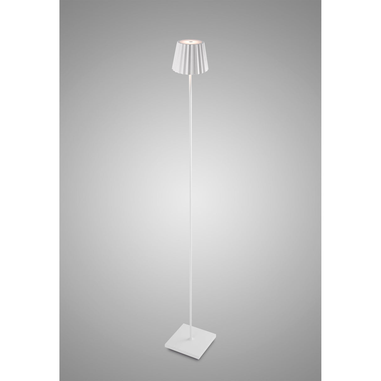 The K2 LED Battery Outdoor Floor Lamp 2.2W 3000K in white features a pleated shade, slim pole, and square base—ideal for stylish, portable lighting in any space.