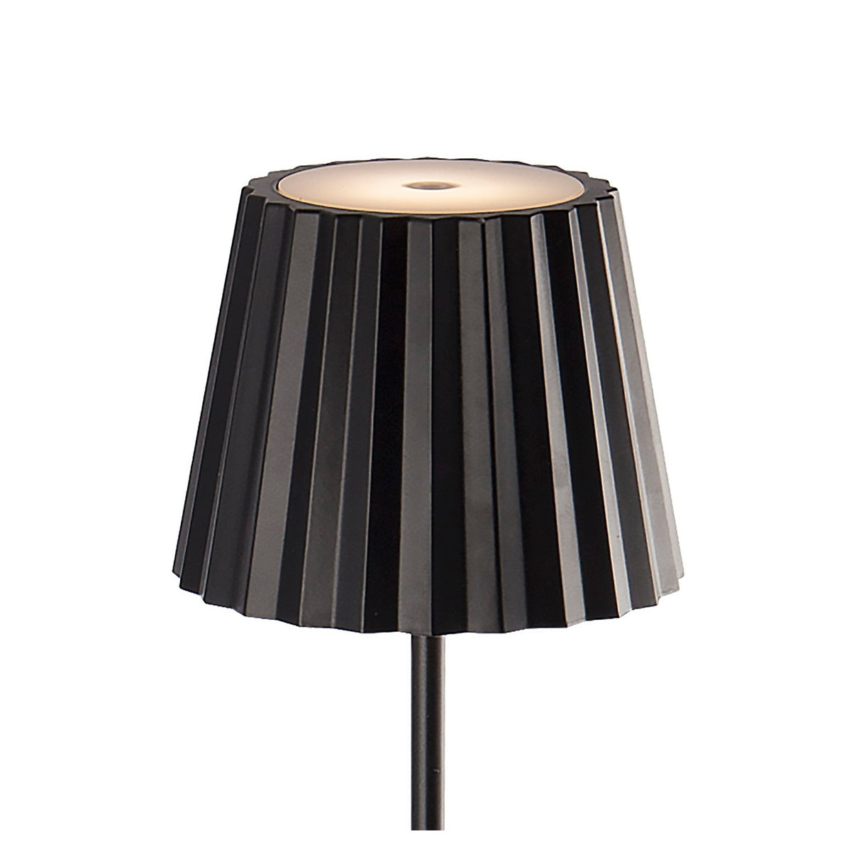 The K2 LED Battery Operated Outdoor Floor Lamp 2.2W 3000K in black features a modern pleated conical shade and a glowing circular top, shown against a plain white background.