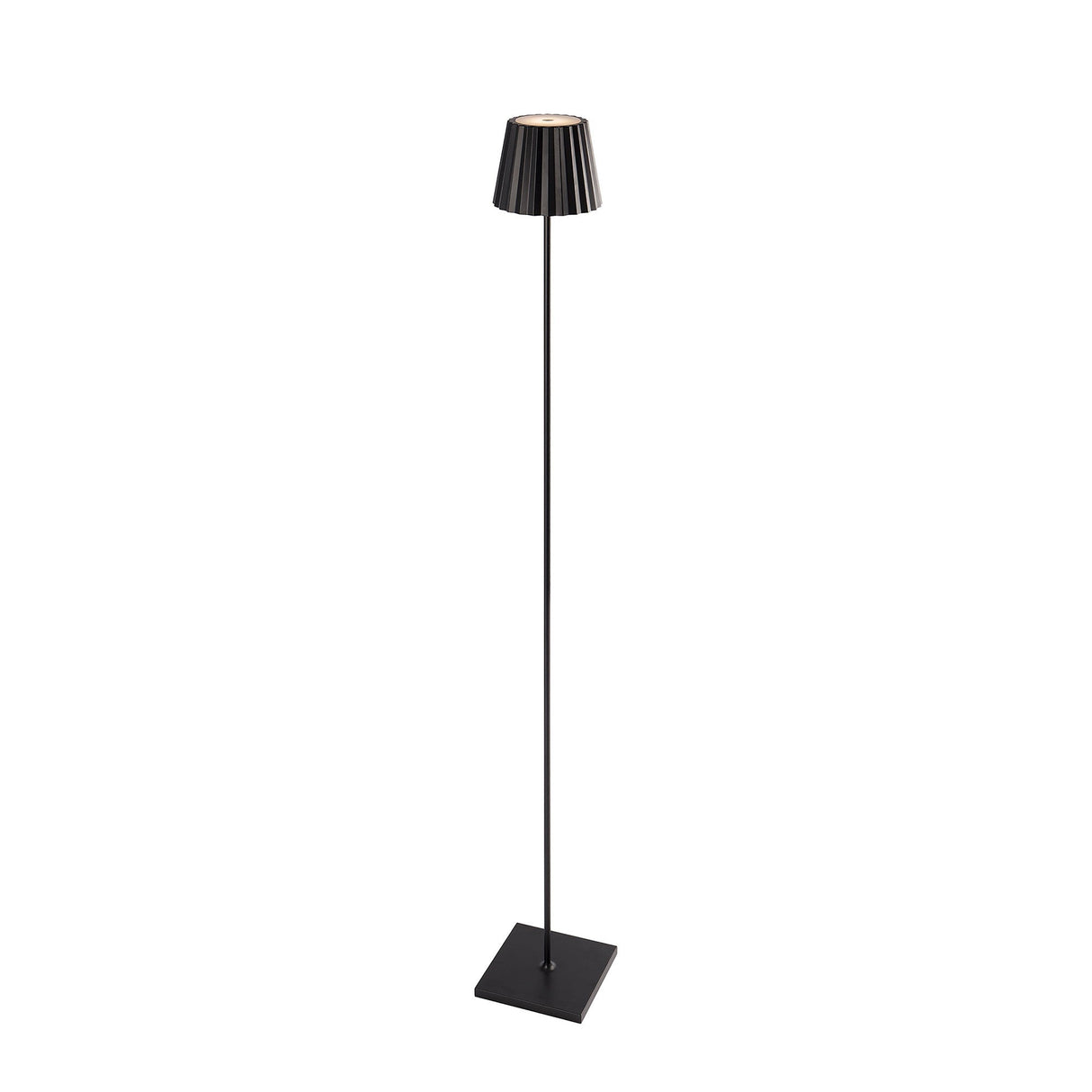The K2 LED Battery Outdoor Floor Lamp 2.2W 3000K in black features a modern, slim pole, square base, and small pleated lampshade, shown against a white background.