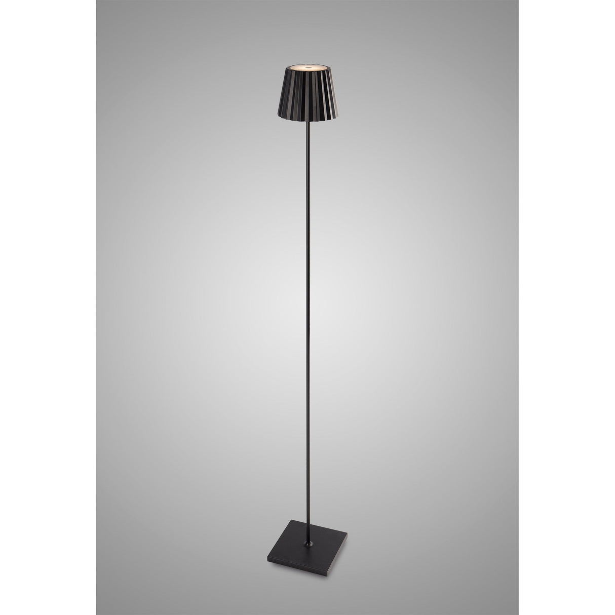 The K2 LED Battery Operated Outdoor Floor Lamp 2.2W 3000K in black features a slim pole, square base, and small pleated shade, shown against a plain gray background.