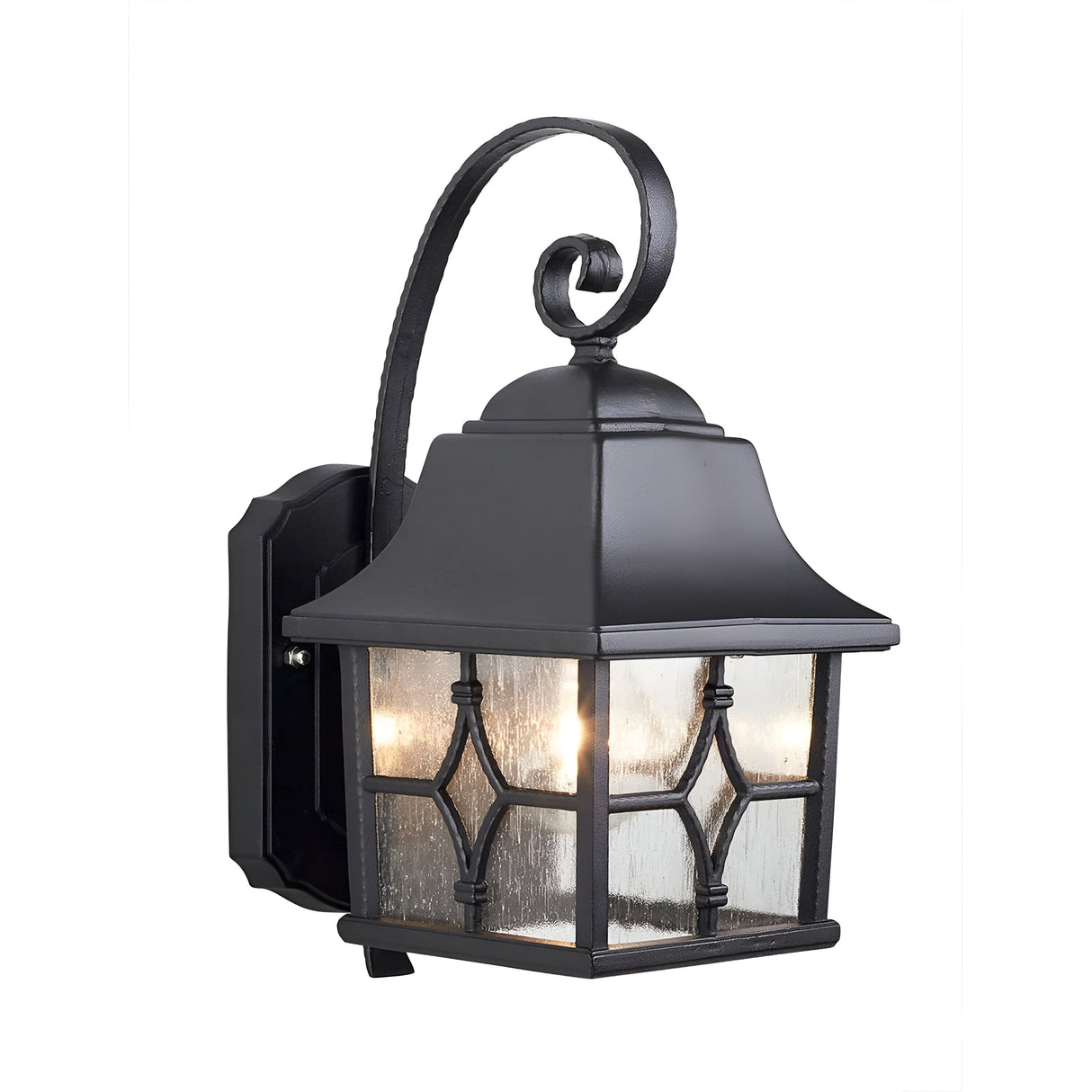 Introducing the Kent 1 Light Outdoor Wall Light in Black, featuring a black finish with clear glass panels and a metal handle. Its design includes an elegant scroll arm and a vintage-style bulb, providing a classic look. This IP44-rated fixture ensures robust protection against outdoor elements.