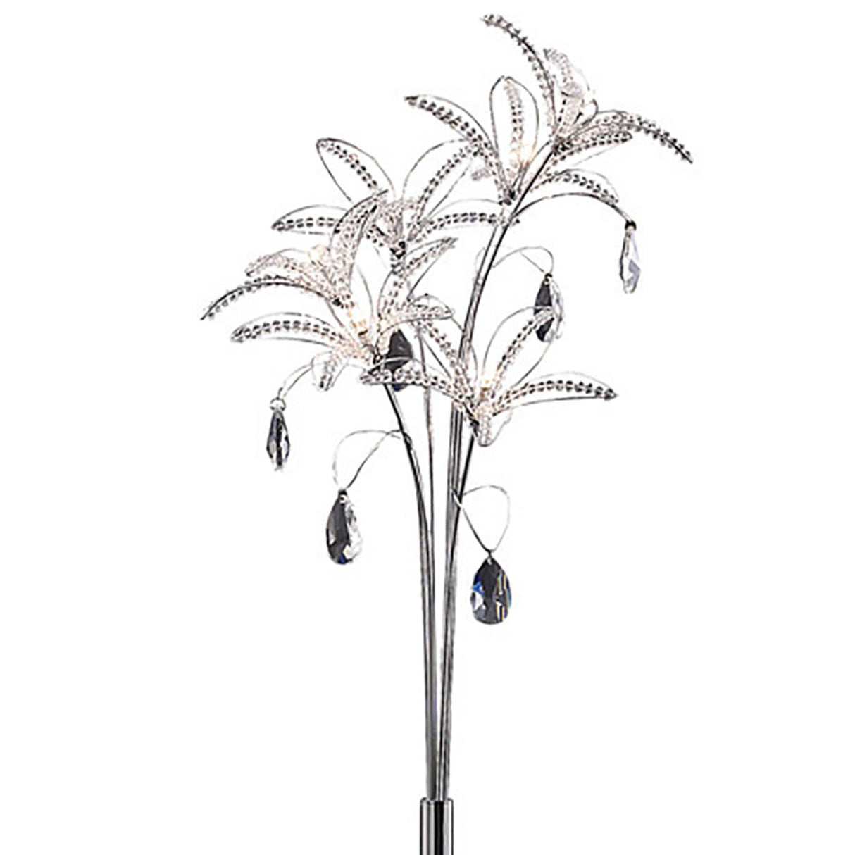 The Kenzo 6 Light Crystal Floor Lamp in polished chrome features silver stems and leaves, crystal-like accents, and hanging teardrop pendants for an elegant floral-inspired design.